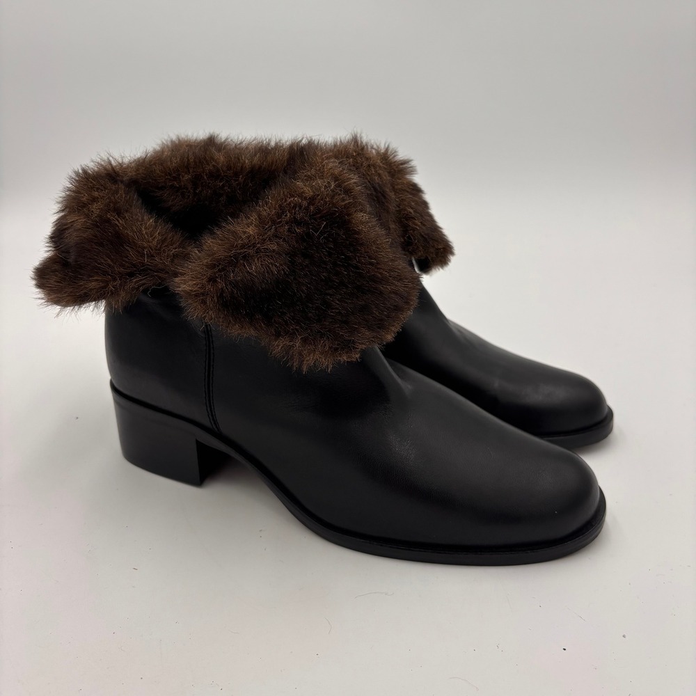 Sesto Meucci Ankle Boots Womens 8.5W Black Leather Brown Faux Fur Trim Excellent